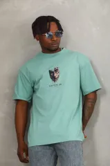 Unisex Oversize Baskılı Bisiklet Yaka T-Shirt - Mint Yeşili