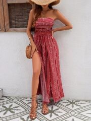 Kadın Yakası Gipe Detaylı önden Yırtmaç Detaylı Desenli Süprem Pantolun Etek Tulum