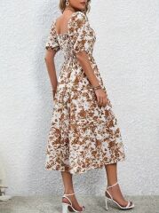 Kadın Kısa Kollu Kare Yakalı Lastikli Desenli Süprem Elbise