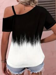 Kadın Tek Omuzdan Açık Askı Detaylı Desenli Süprem Bluz