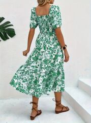 Kadın Kısa Kollu Kare Yakalı Lastikli Desenli Süprem Elbise