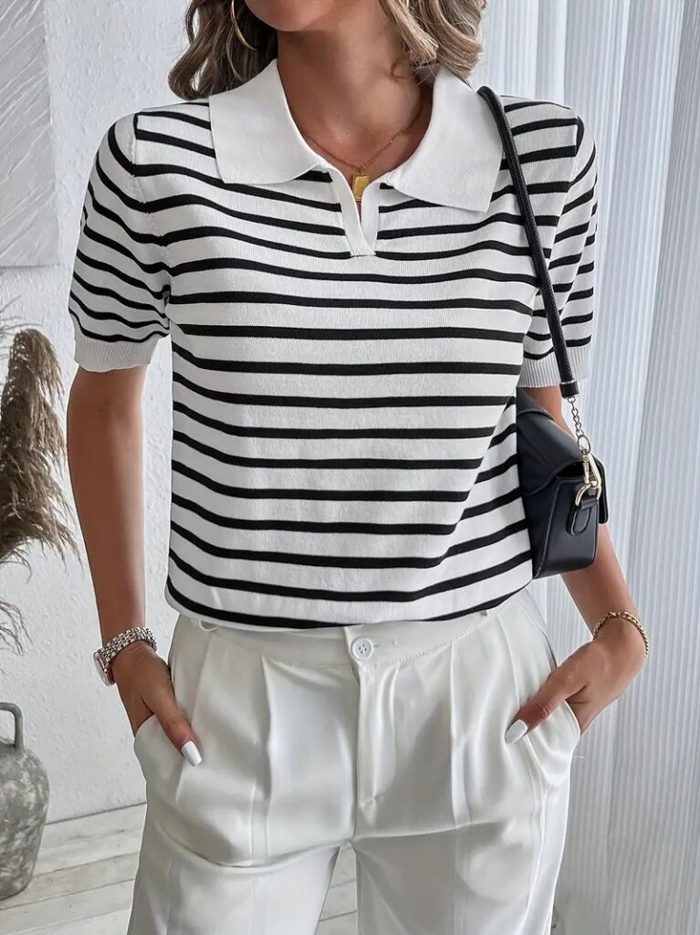 Kadın Kısa Kol Polo Yaka çizgi Desen Triko Bluz
