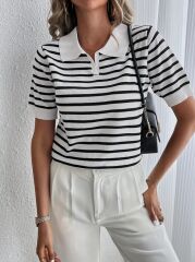 Kadın Kısa Kol Polo Yaka çizgi Desen Triko Bluz