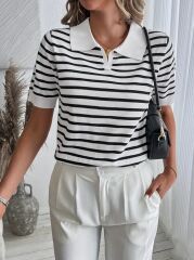 Kadın Kısa Kol Polo Yaka çizgi Desen Triko Bluz