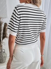 Kadın Kısa Kol Polo Yaka çizgi Desen Triko Bluz