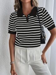 Kadın Kısa Kol Polo Yaka çizgi Desen Triko Bluz