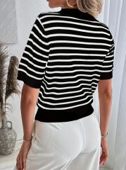 Kadın Kısa Kol Polo Yaka çizgi Desen Triko Bluz
