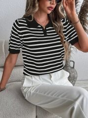 Kadın Kısa Kol Polo Yaka çizgi Desen Triko Bluz