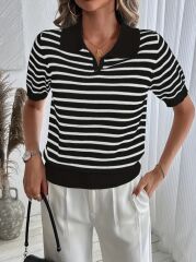 Kadın Kısa Kol Polo Yaka çizgi Desen Triko Bluz