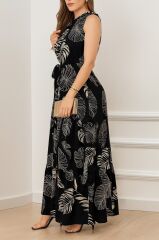 Kadın Sıfır Kok Bağcıklı Kemerli Etek Ucu Fırfırlı Desenli Süprem Elbise