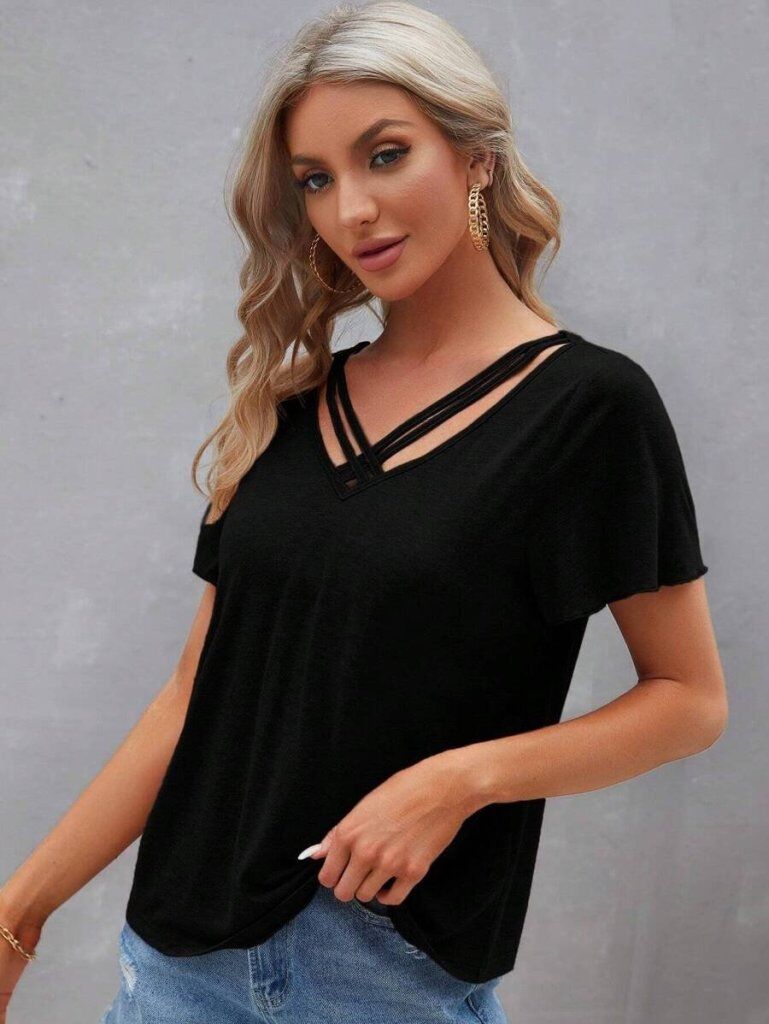 Kadın Kısa Kollu V şerit Yakalı Viskon Bluz