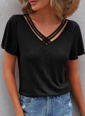 Kadın Kısa Kollu V şerit Yakalı Viskon Bluz