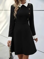Kadın Uzun Kollu Yakalı A Kesim Kısa Ithal Krep Elbise