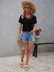 Kadın Kısa Kollu V şerit Yakalı Viskon Bluz