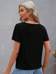 Kadın Kısa Kollu V şerit Yakalı Viskon Bluz