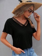 Kadın Kısa Kollu V şerit Yakalı Viskon Bluz