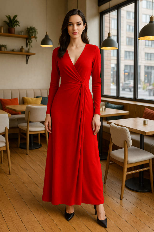 Kadın Kruvaze Yaka Toka Detay Maxi Boy Elbise