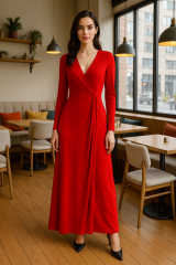 Kadın Kruvaze Yaka Toka Detay Maxi Boy Elbise