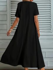 Kadın Kısa Kollu V Yakalı Cep Detaylı Uzun Janjan Krep Elbise