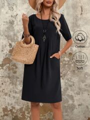 Kadın Kısa Kollu Yakası Açık önden Büzgülü Cep Detaylı Viskon Iki Iplik Elbise