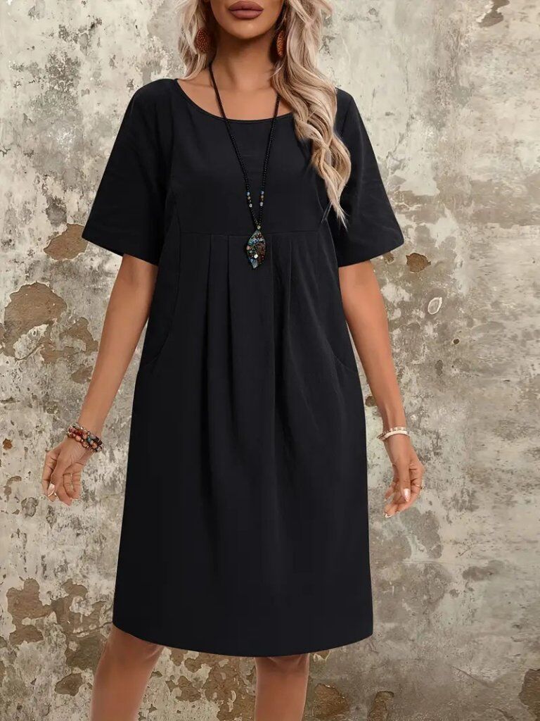 Kadın Kısa Kollu Yakası Açık önden Büzgülü Cep Detaylı Viskon Iki Iplik Elbise