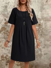 Kadın Kısa Kollu Yakası Açık önden Büzgülü Cep Detaylı Viskon Iki Iplik Elbise