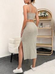 Kadın Kolsuz Askılı Crop Yırtmaçlı Midi Etek Fitilli Kaşkorse Takım