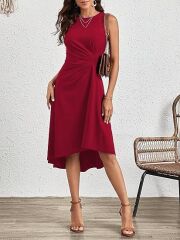 Kadın Sıfır Kollu Bisiklet Yaka Büzgülü Asimetrik Kesim Detaylı Janjan Krep Elbise