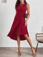 Kadın Sıfır Kollu Bisiklet Yaka Büzgülü Asimetrik Kesim Detaylı Janjan Krep Elbise