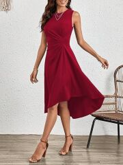 Kadın Sıfır Kollu Bisiklet Yaka Büzgülü Asimetrik Kesim Detaylı Janjan Krep Elbise