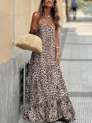 Kadın Sırtı Açık Yuvarlak Yaka Eteği Fırfırlı Leopar Desenli Süprem Elbise