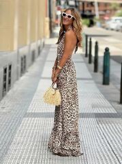 Kadın Sırtı Açık Yuvarlak Yaka Eteği Fırfırlı Leopar Desenli Süprem Elbise