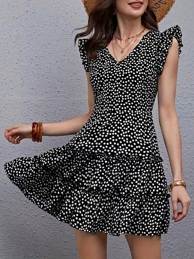 Kadın Kısa Kollu V Yakalı Desenli Fırfırlı Süprem Elbise