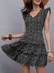 Kadın Kısa Kollu V Yakalı Desenli Fırfırlı Süprem Elbise