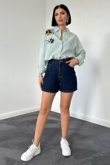 Yeşil Klasik Bedensiz Çizgili Poplin Nakışlı Gömlek