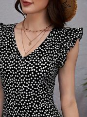 Kadın Kısa Kollu V Yakalı Desenli Fırfırlı Süprem Elbise