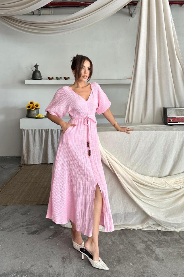 V YAKA BEL BONCUK BAĞLAMALI MÜSLİN ELBİSE YIRTMAÇ DETAYLI - Pembe