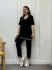 Kadın Kısa Kollu V Yakalı Iki Iplik Bluz Ve Pantolon Ikili Takım