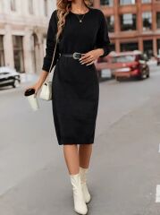 Kadın Uzun Kollu Bisiklet Yaka Yandan Yırtmaçlı Midi Triko Elbise(kemersiz)