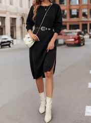 Kadın Uzun Kollu Bisiklet Yaka Yandan Yırtmaçlı Midi Triko Elbise(kemersiz)