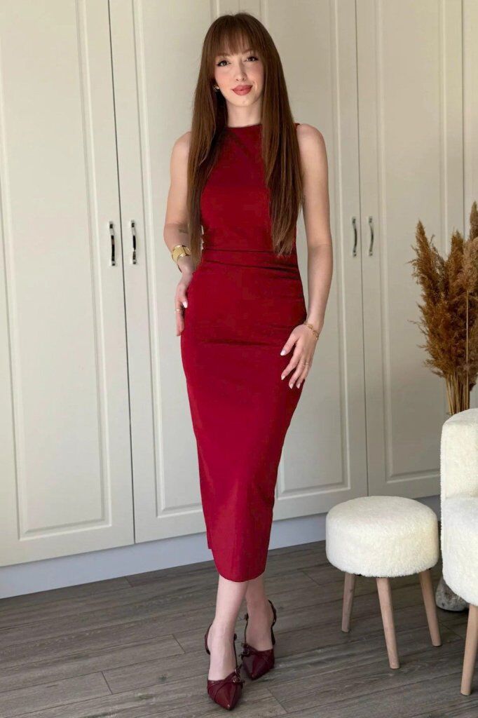 Kadın Sıfır Kol Sıfır Yaka Drape Detaylı Midi Janjan Krep Elbise