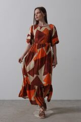 Desenli Balon Kol Kloş Elbise - Kahve