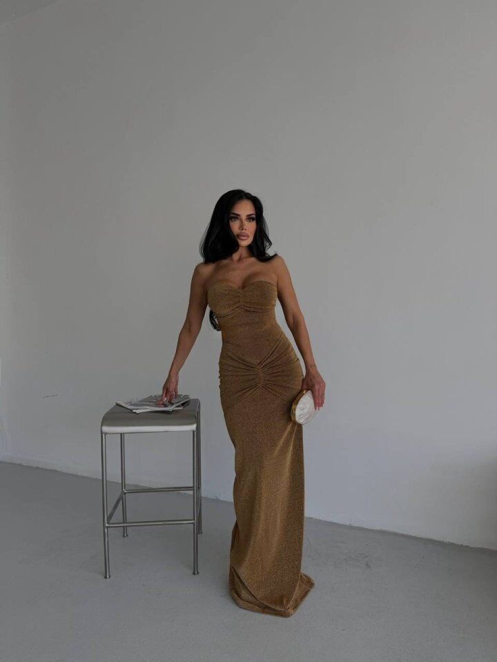 Straplez Simli Uzun Elbise