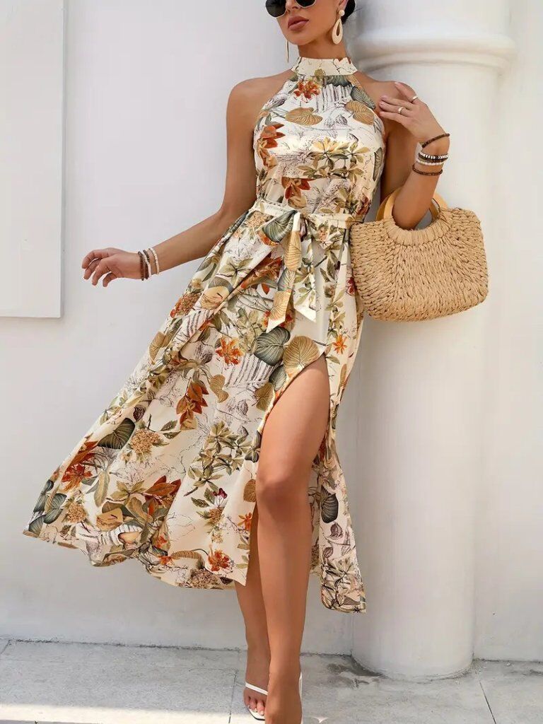 Kadın Omuzlardan Açık Halter Yakalı Yırtmaçlı çiçek Desenli Süprem Elbise