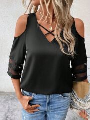 Kadın Kısa Kollu V Yakalı Soğuk Omuz Kolda Ip Detaylı Kolda şifon Tül Detaylı Janjan Krep Bluz