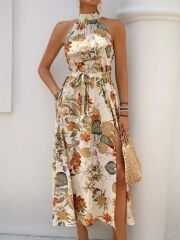 Kadın Omuzlardan Açık Halter Yakalı Yırtmaçlı çiçek Desenli Süprem Elbise