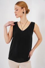 V Yaka Sıfır Kol Bluz 950 - Siyah