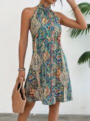 Kadın Sıfır Kol Boyundan Askılı Desenli Midi Süprem Elbise