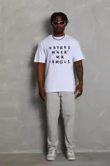 Unisex Oversize Baskılı Bisiklet Yaka T-Shirt - Beyaz