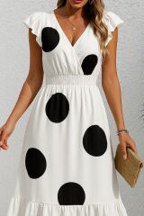 Kadın Kısa Kollu Kruvaze Yakalı Beli Lastikli Desenli Maksi Boy örme Krep Elbise